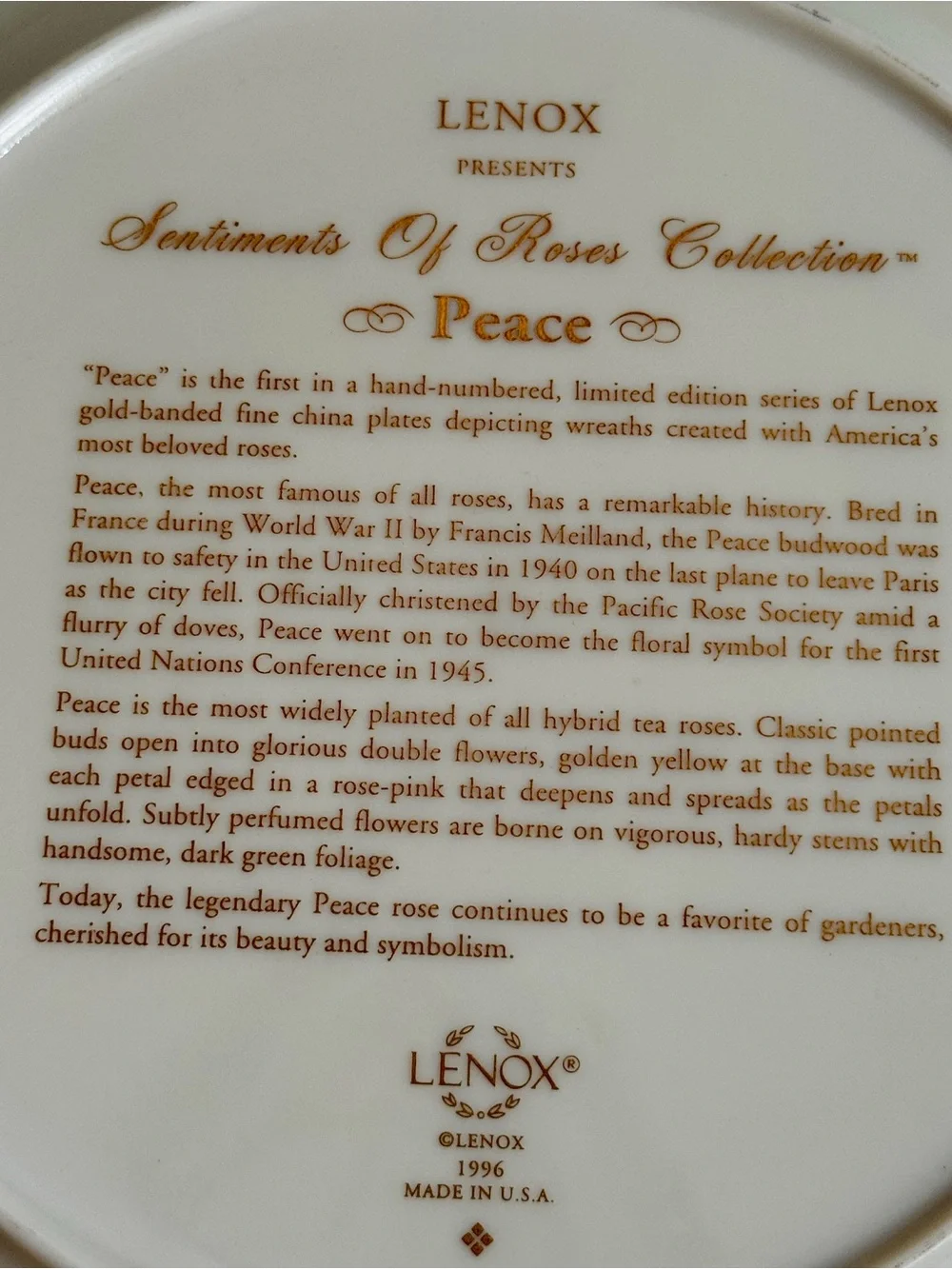 Vintage 1996 Lenox Sentiments of Roses “Peace” Plate